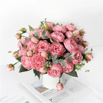 30cm Rožu Rozā Zīda Pušķi Peoniju Mākslīgie Ziedi 5 Lielas Galvas 4 Mazi Bud Līgava Kāzu Mājas Apdare Viltus Mākslīgās Puķes
