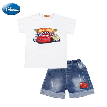 Disney Jauno LED Flash Zirnekļcilvēka Auto McQueen t-veida Zēns Kopa ar Īsām Piedurknēm T Krekls+Šorti Komplekti Bērniem Zēnu Džinsi Top Apģērbs Vasaras Uzvalks