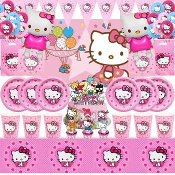 Hello Kitty Dzimšanas Dienas Svinības Rotājumi Kitty Balti Baloni, Vienreizējās Lietošanas Galda Piederumi Fons Bērniem Meitene Puse Piegādēm, Rotaļlietas, Dāvanas,