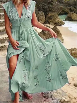 Seksīga Vasaras Maxi Kleitas, Sieviešu Vintage Ziedu Drukāt Mežģīnes V Kakla Ilgi Sundress Modes Gadījuma Pludmales Stila Dāmas Boho Zaļā Kleita